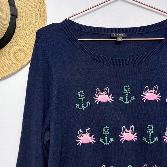 talbots | seashore embroidered crewneck sweater crab anchor nautical navy m - Picture 2 of 12